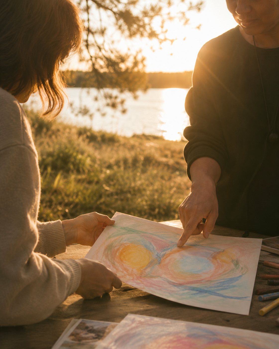 Two women discussing colorful sketches of suns near a lake at sunset.