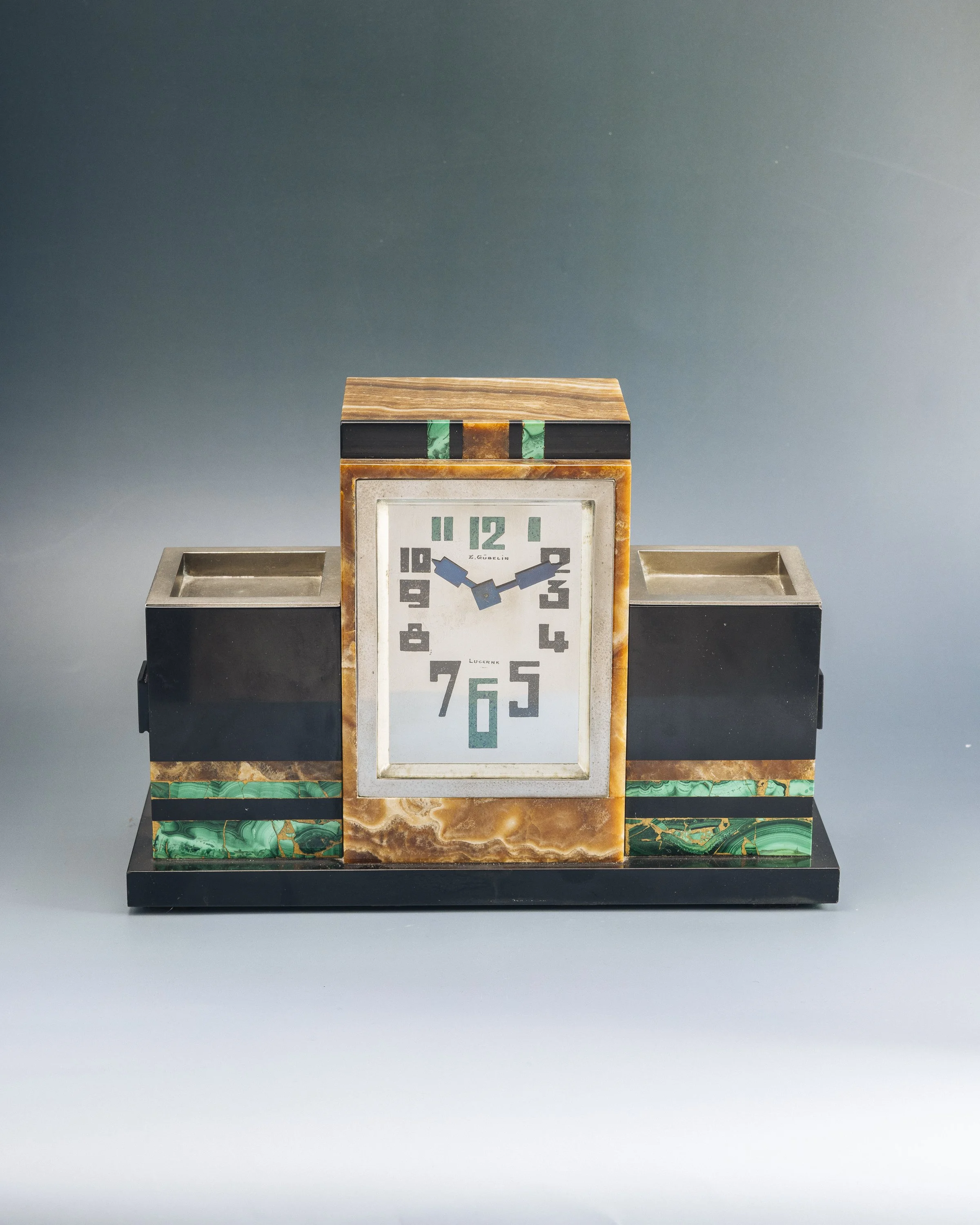 Gubelin Onyx & Malachite Art Deco Table Clock