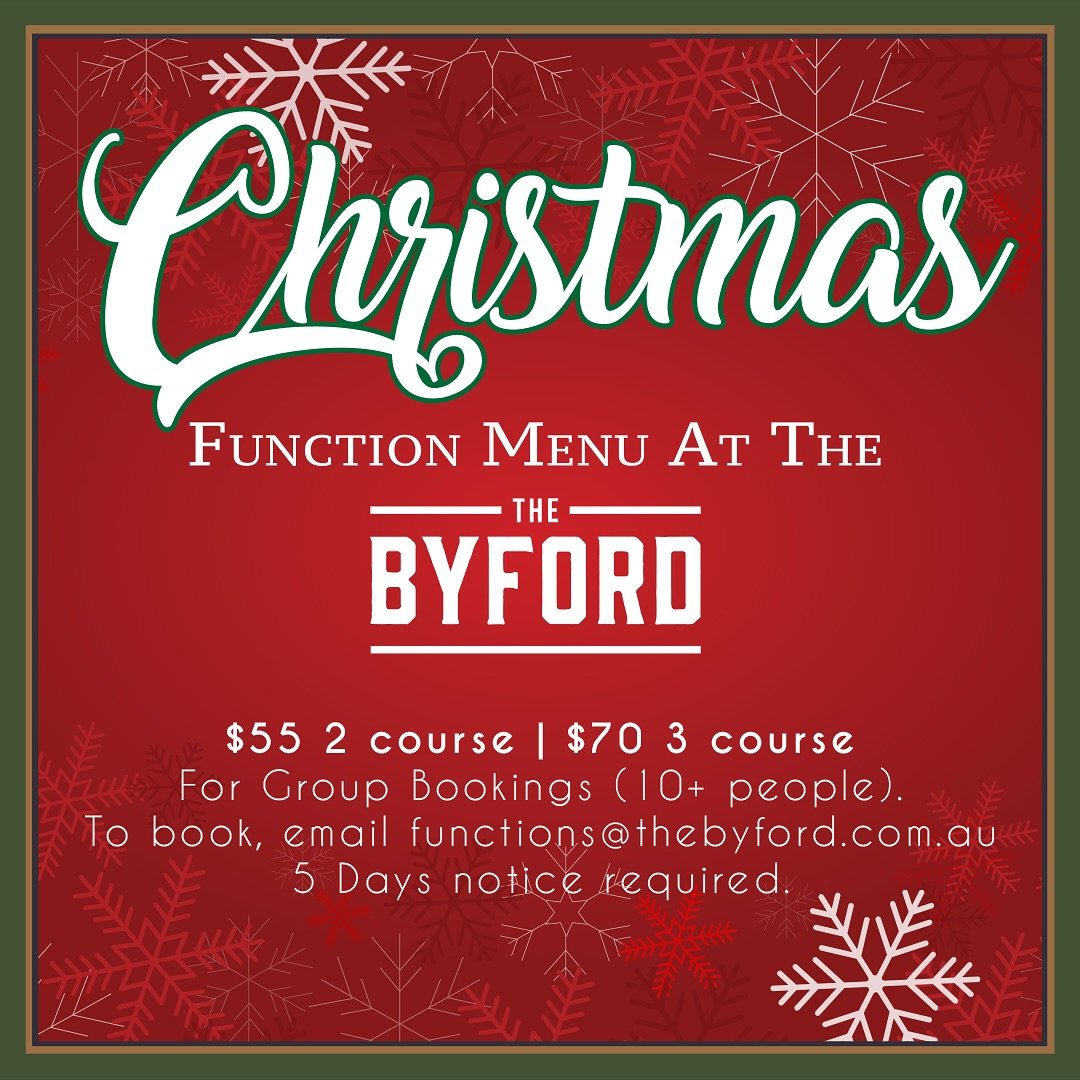 Make your festive catch-up unforgettable! 🎅 

Groups of 10+ can enjoy a 2-course set menu for $55pp or 3 courses for $70pp.
Kids&rsquo; menu included.

🎄 Book at least 5 days ahead at functions@thebyford.com.au