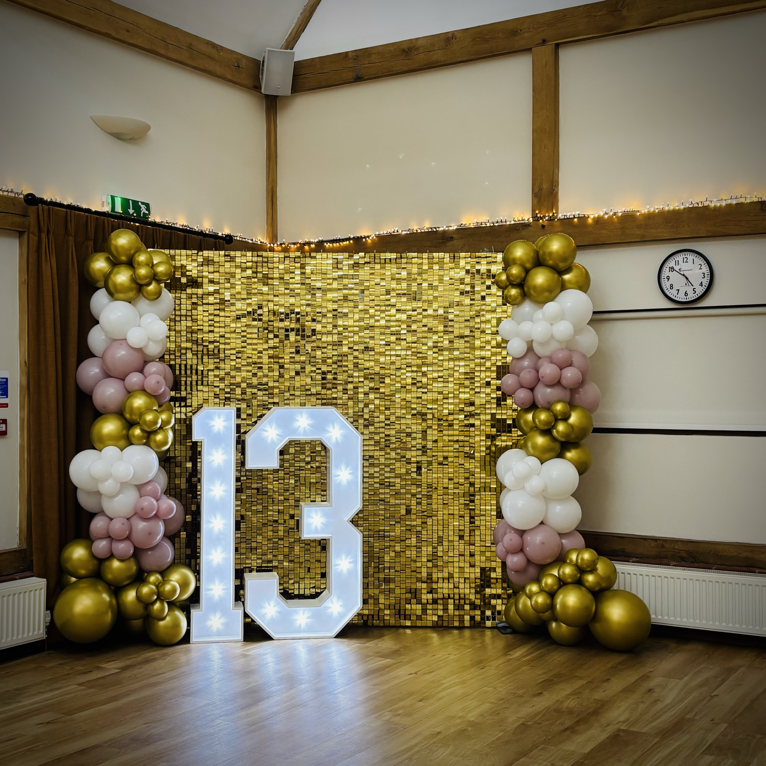 Gold Shimmer Wall with 4ft Light Up "13" with Balloon Decor at Hawstead Village Hall, Hawstead, Bury St Edmunds