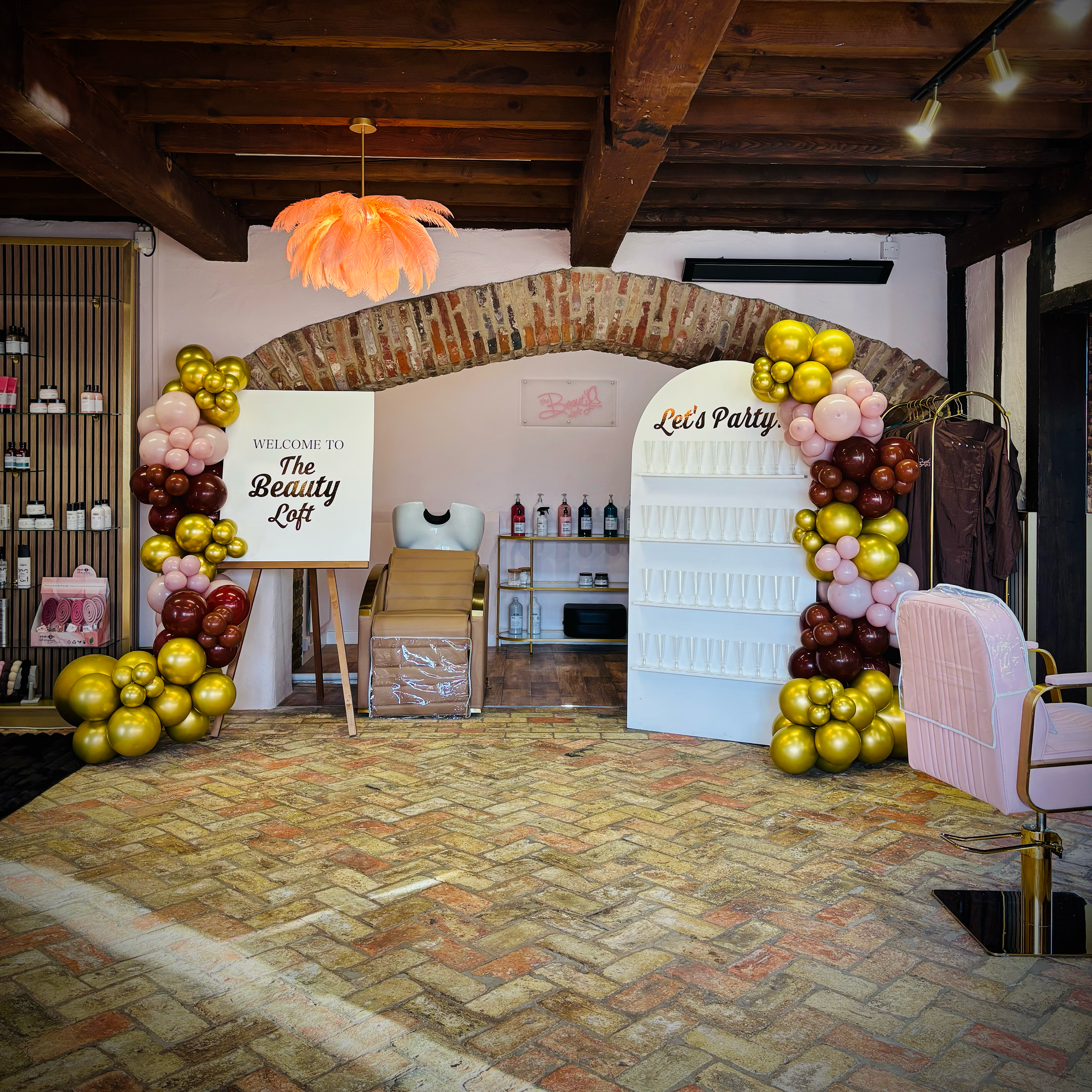 Personalised Welcome Sign and Prosecco Wall with balloon decor at The Beauty Loft in Little Downham, Ely