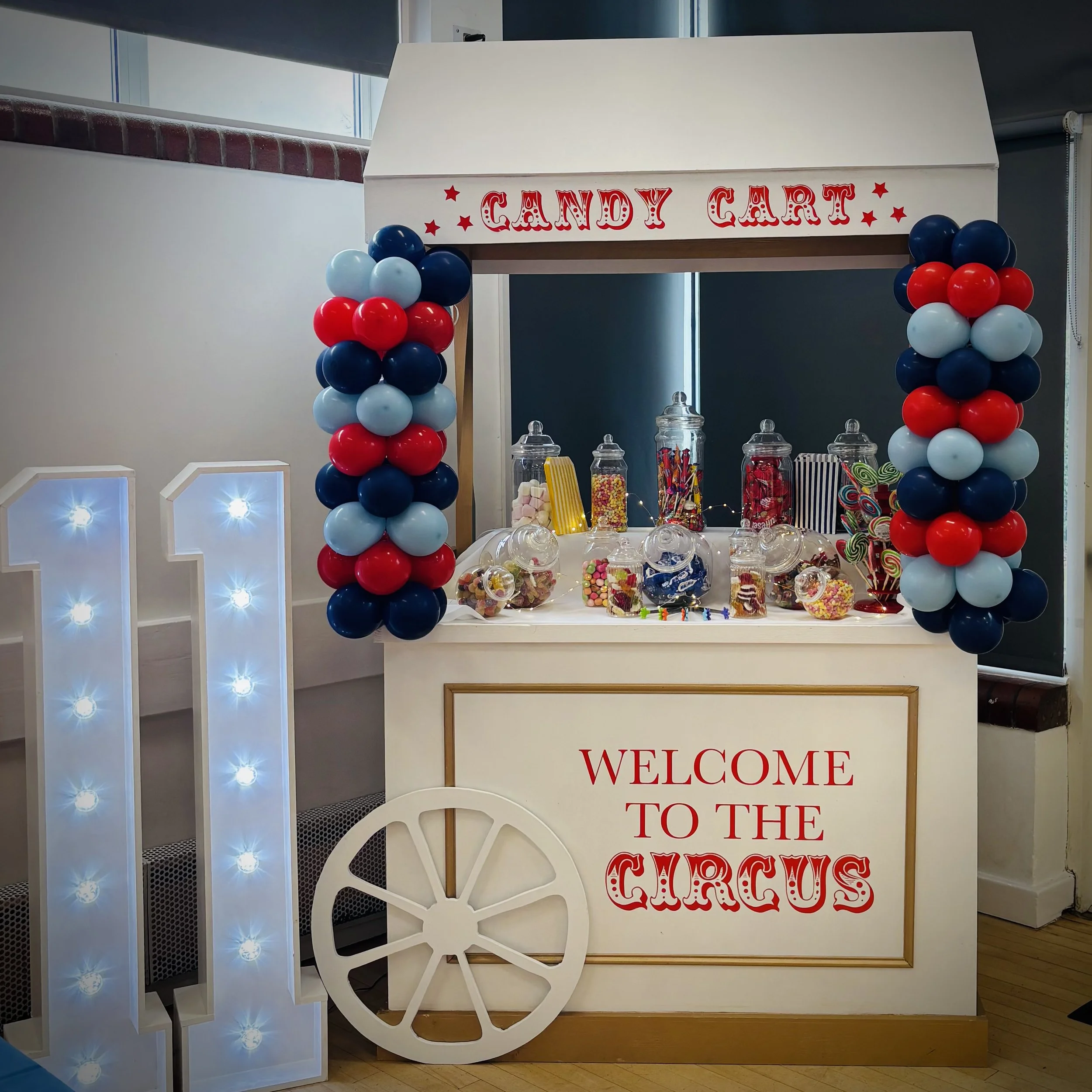 Wooden Candy Cart with Balloon Decor/ Faux Florals