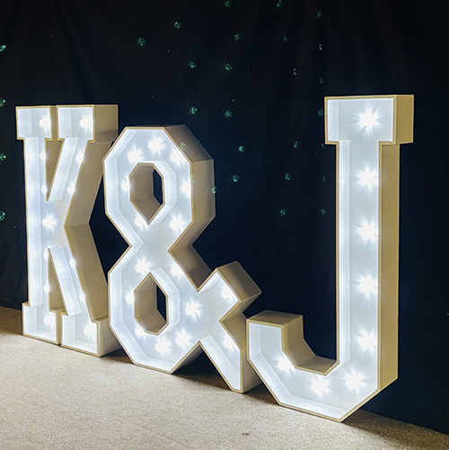 Light Up initials "K&J" for a wedding at The Old Hall in Ely