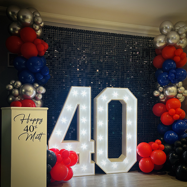 Black Shimmer Wall, Balloon Decor, Cake Stand and 4ft Light Up 40 for a birthday party in Burwell, Cambridge