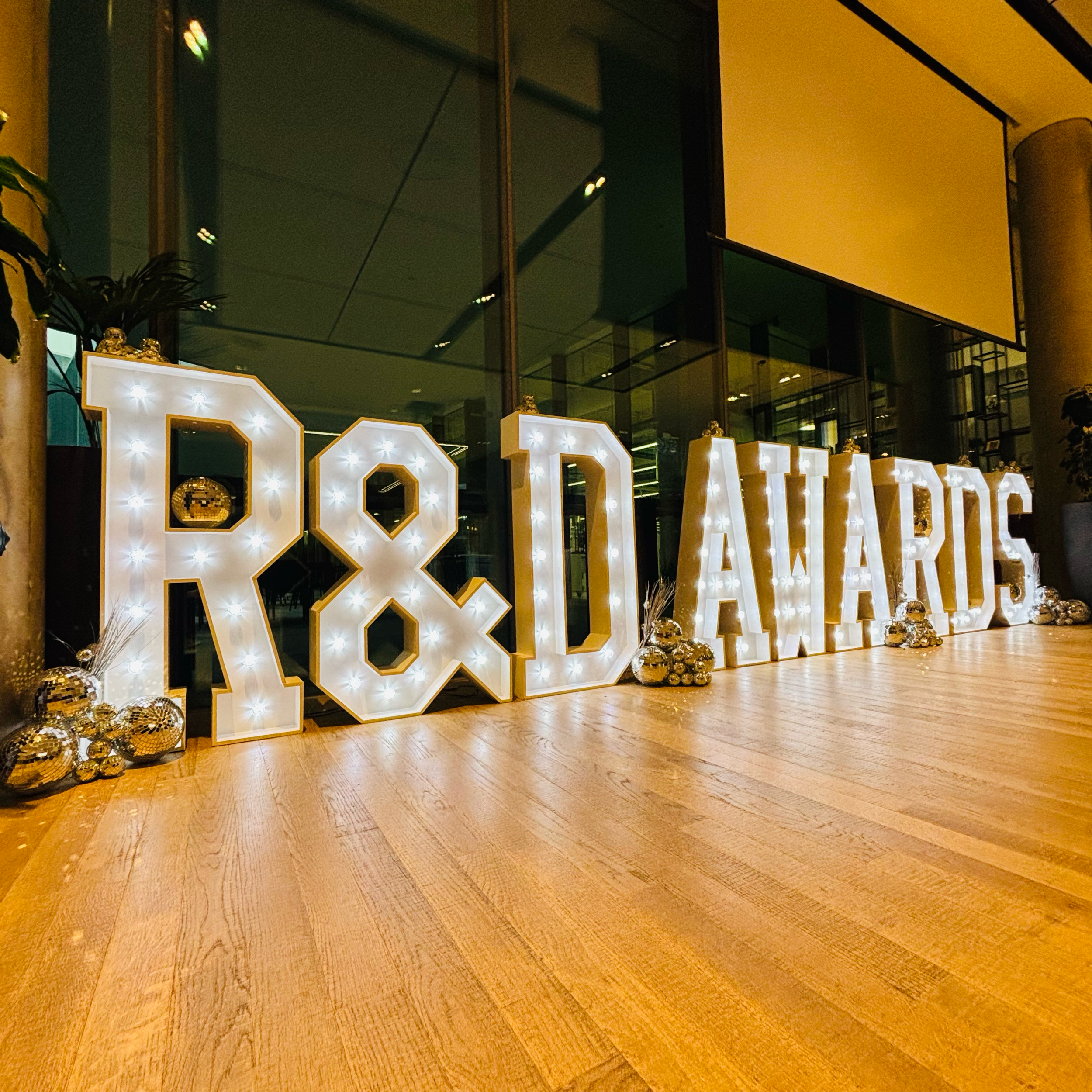 4ft Light Up "R&D Awards" with Disco Balls for AstraZeneca at The Discovery Centre in Cambridge