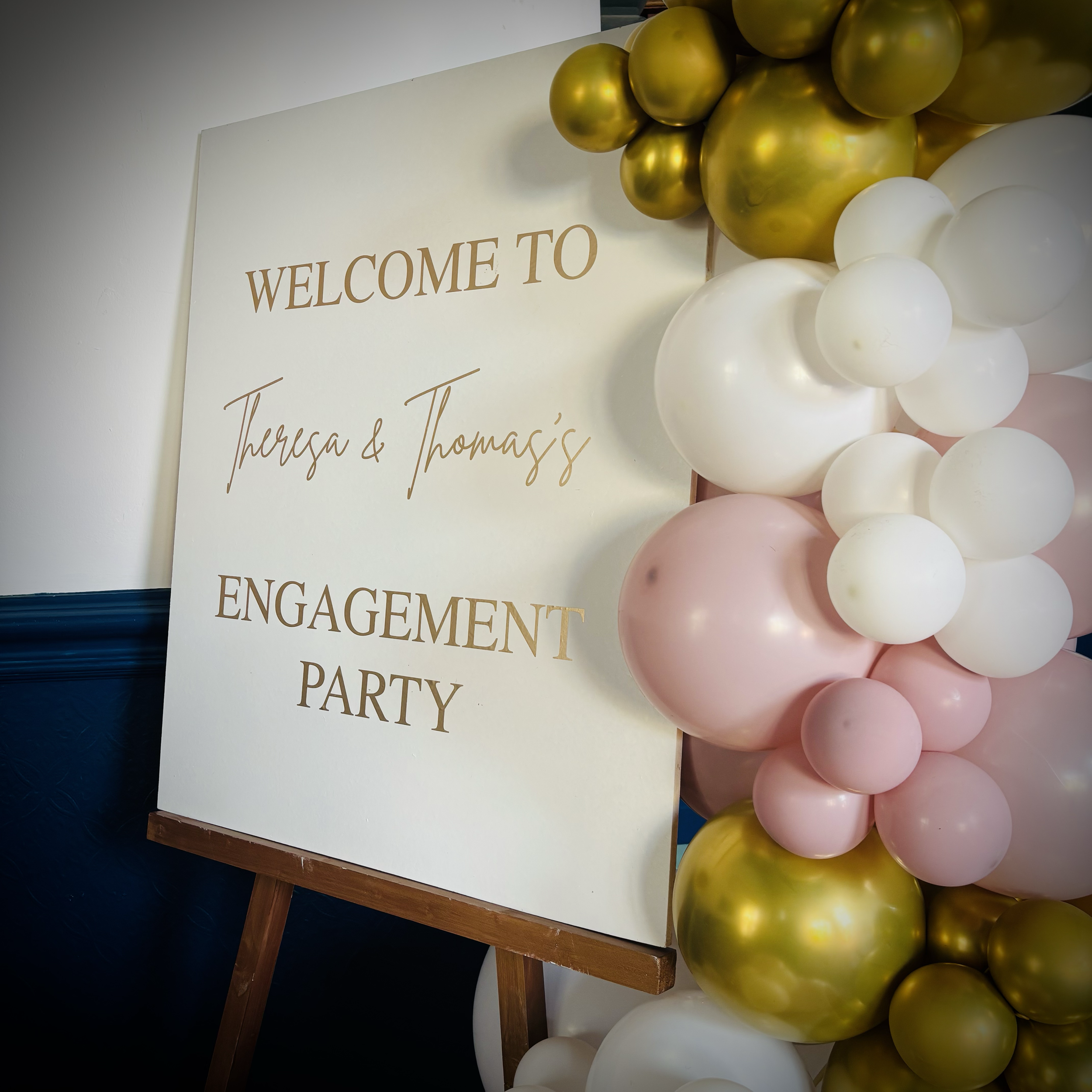 Personalised welcome sign with balloon decor supplied for an engagement party at The White Heart in Newmarket