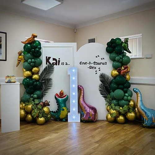 Double board display with balloon decor and light up number 1 in Mildenhall, Suffolk