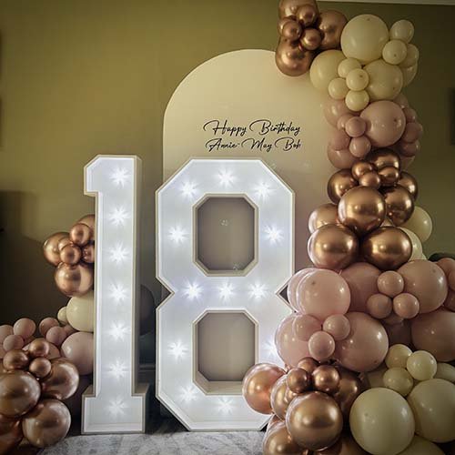 Balloon decoration, personalised backgrounds, light up number 18 in Soham, Cambridgeshire