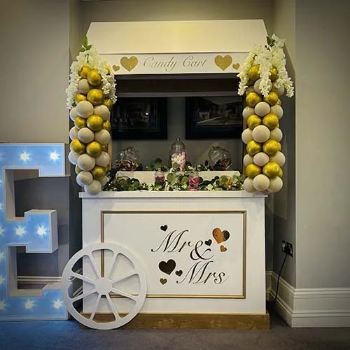 Personalised Wedding Cart with Balloon and Faux Floral decor for a wedding in Ely, Cambridgeshire 
