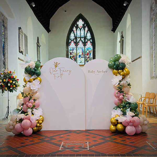 Personalised baby shower display at St Marys Church in Ely, Cambridgeshire 