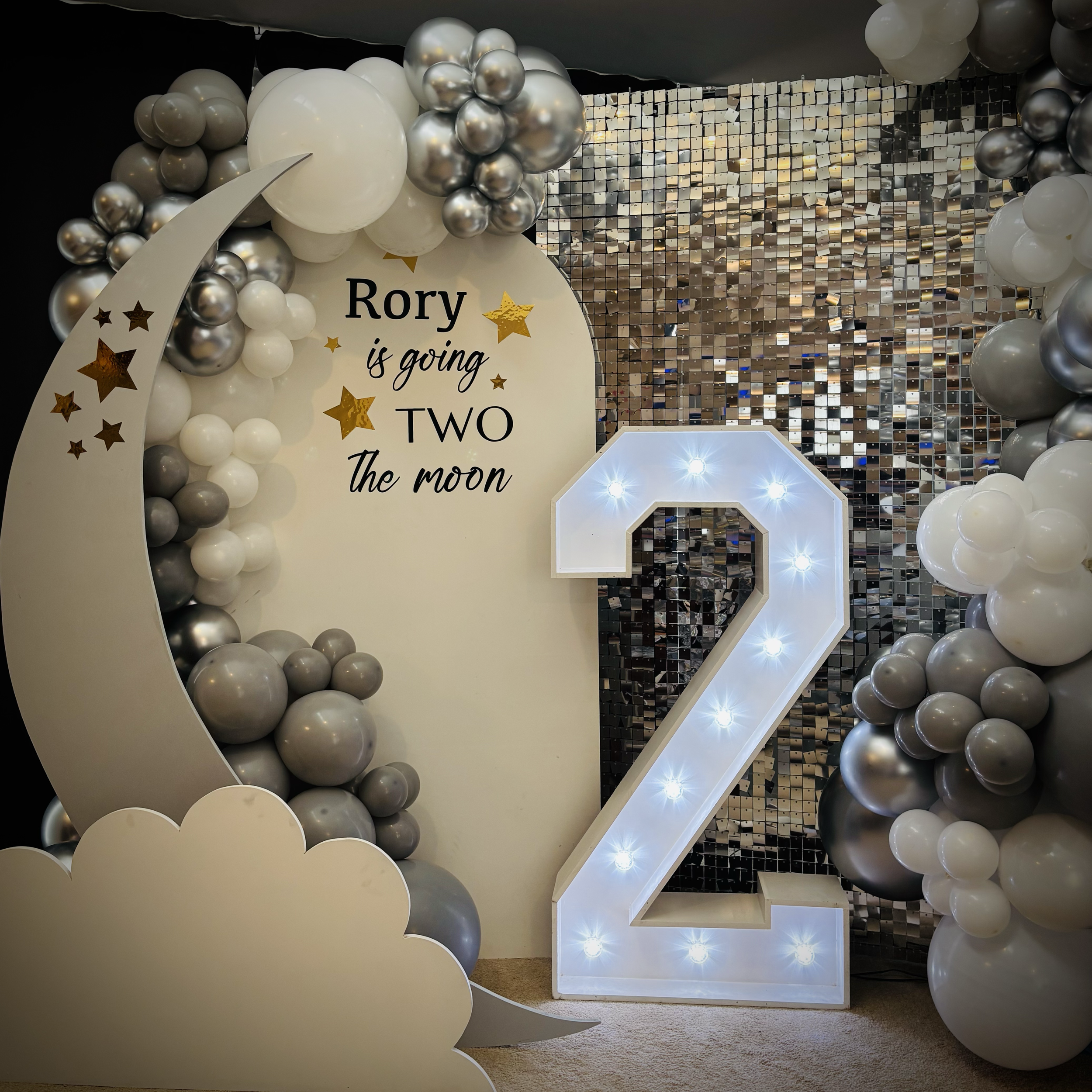 Silver Shimmer Wall, personalised background, moon and cloud with grey, silver and white balloons and 4ft light up number 2.