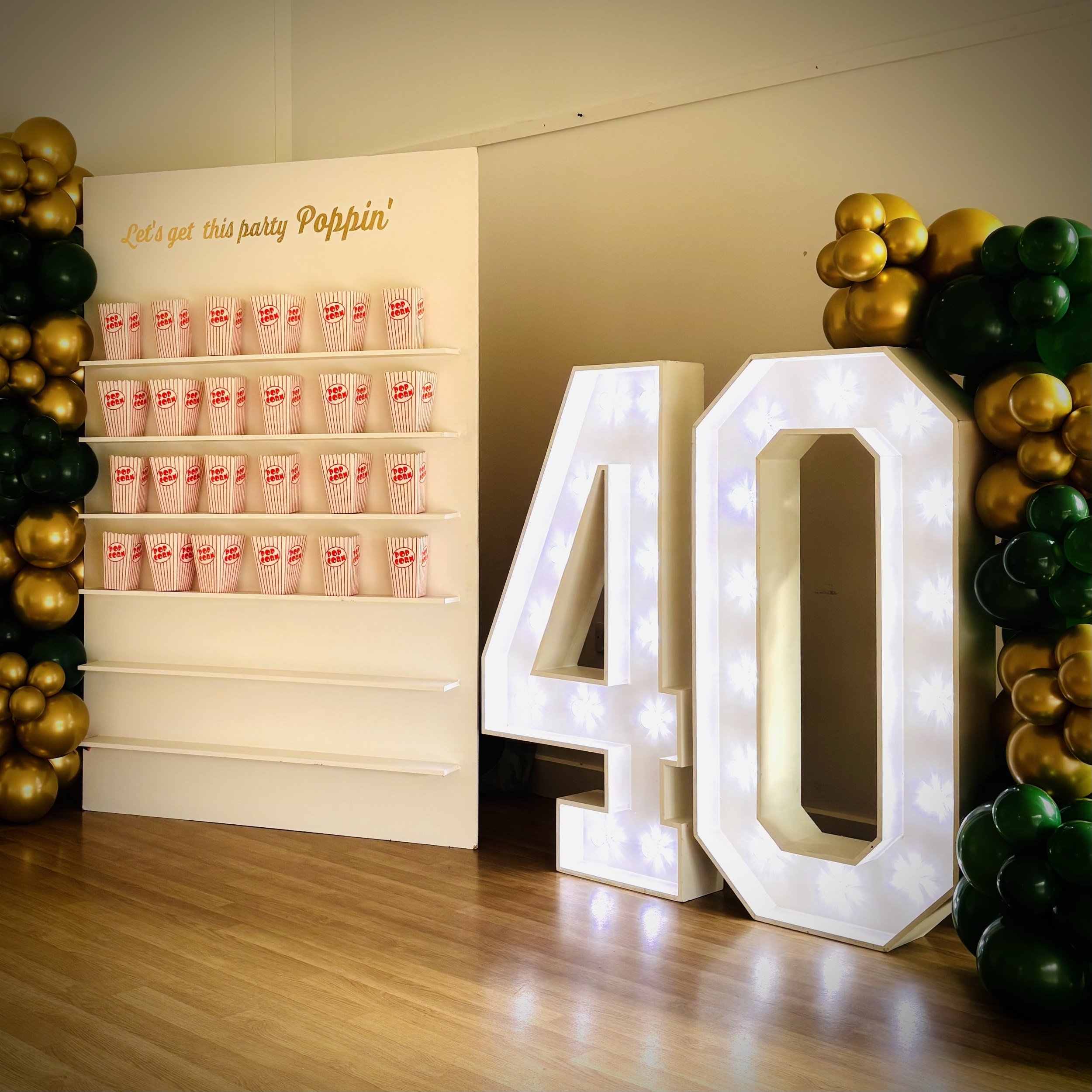 Popcorn Wall with 4ft Light up "40" with green and gold balloon decor at The Hauxton Centre, Hauxton, Cambridge