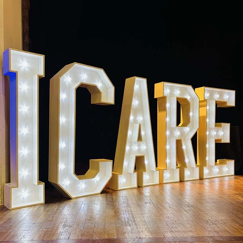 Light up iCare letters for corporate event for Huntingdon County Council at Burgess Hall in St Ives