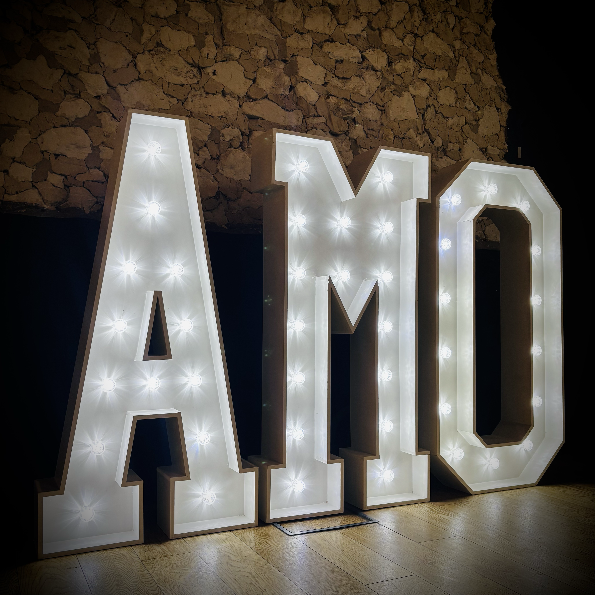 4ft Light Up "AMO" for a corporate event at The Granary Barns in Newmarket 