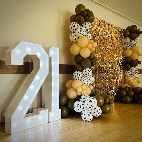 Rose-Gold Shimmer wall, balloon decoration and light up number 21 at The Beeches, Islaham