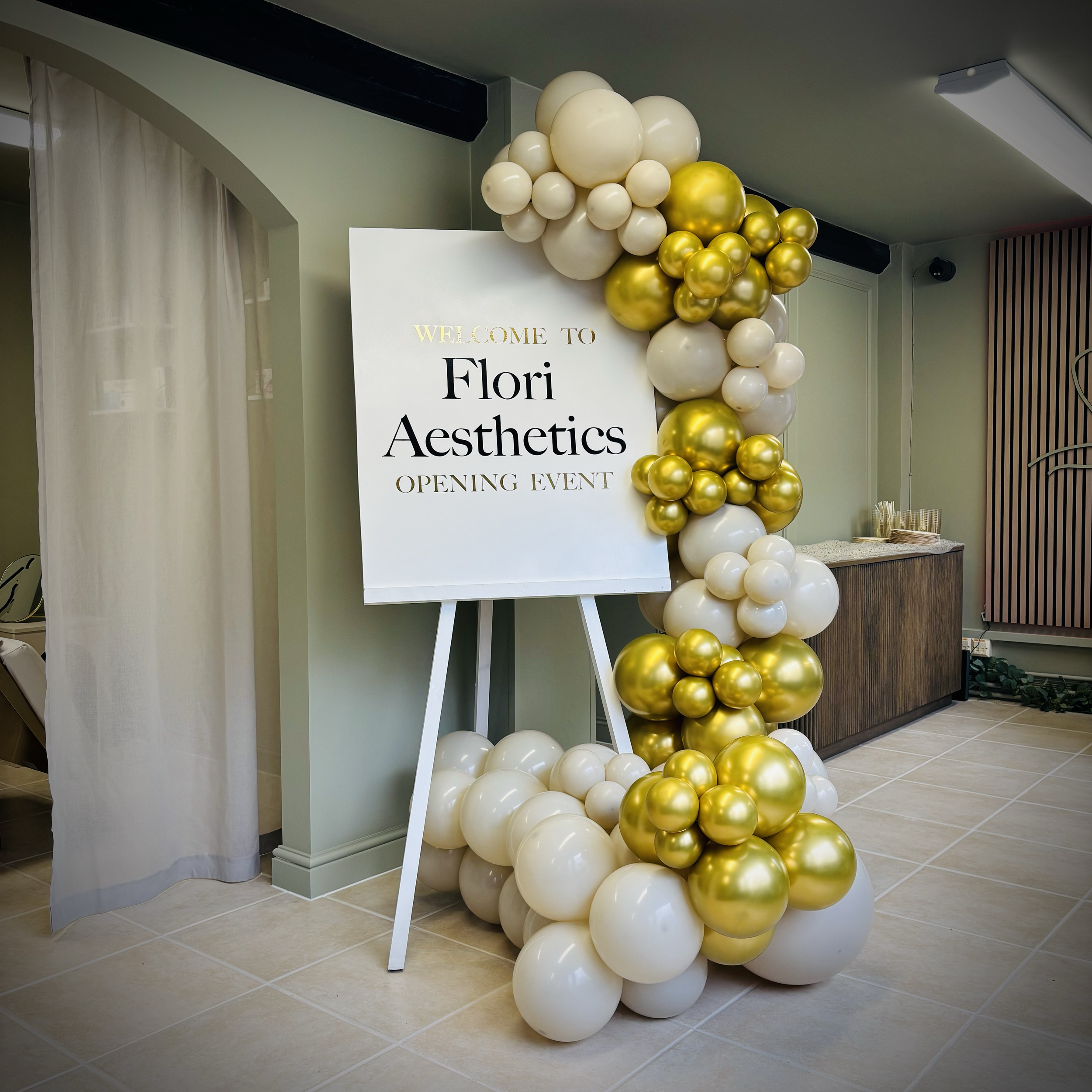 Welcome Sign with balloon decoration supplied for Flori Aesthetics in Peterborough
