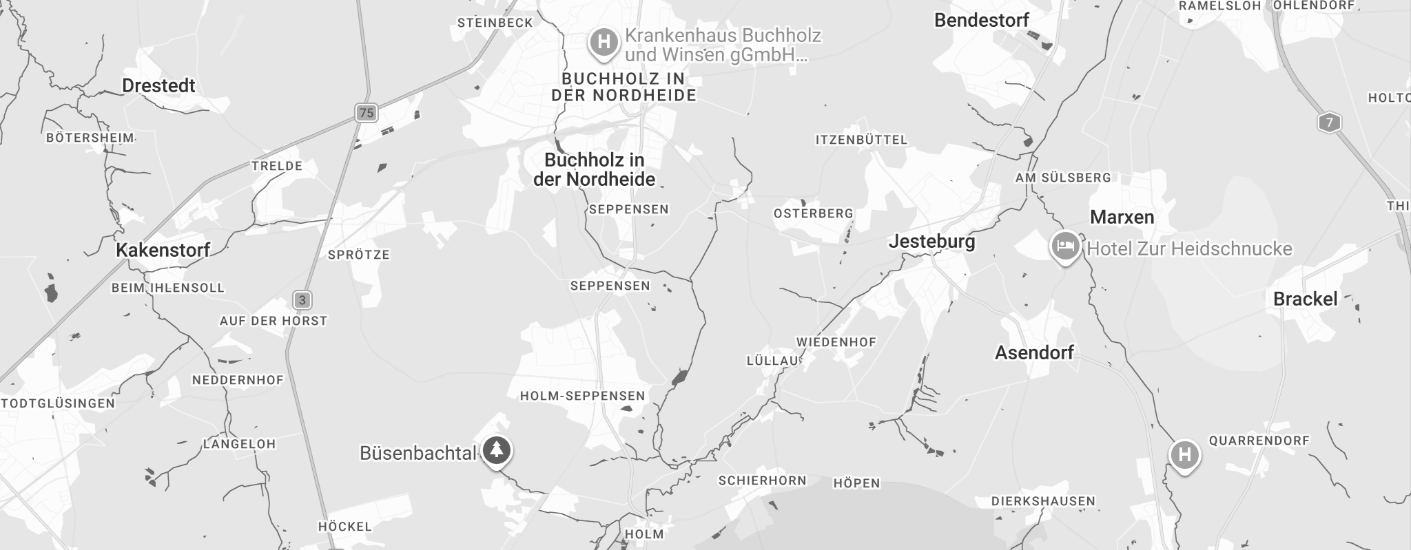 Karte Buchholz in der Nordheide, sowie umliegende Orte wie Jesteburg, Marxen, Brackel, Kakenstorff, Tosterglope