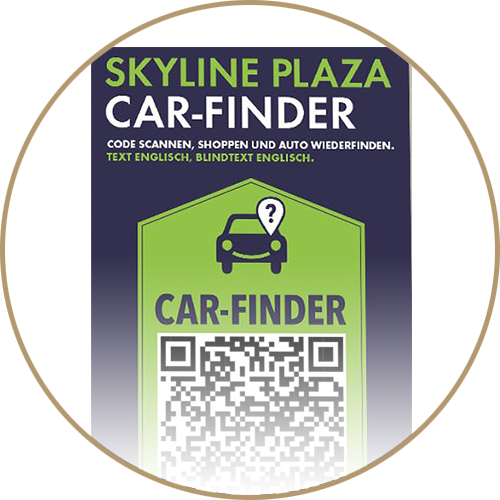 Ein Plakat für den Skyline Plaza carFinder mit einem QR-Code und Anweisungen zum Scannen, um Autos zu finden.