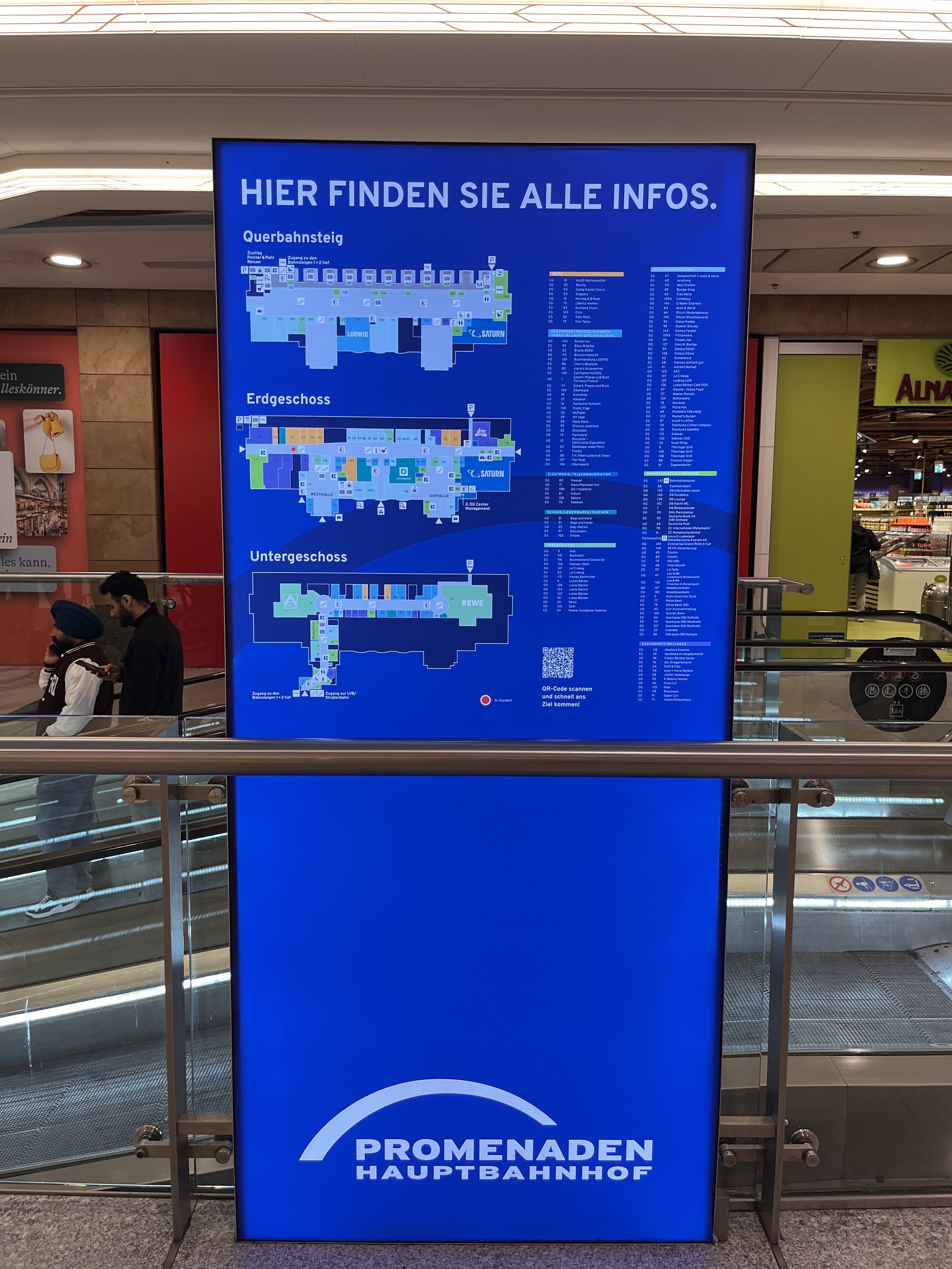 Digitaler Übersichtsplan des Bahnhofs Promenade Hauptbahnhof mit Etagen-Layouts, QR-Code, und Legenden auf einem blauen Hintergrund.