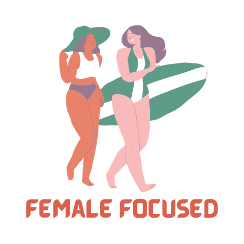 Two women in swimsuits walking with a surfboard behind them, with the text 'Female Focused' below.