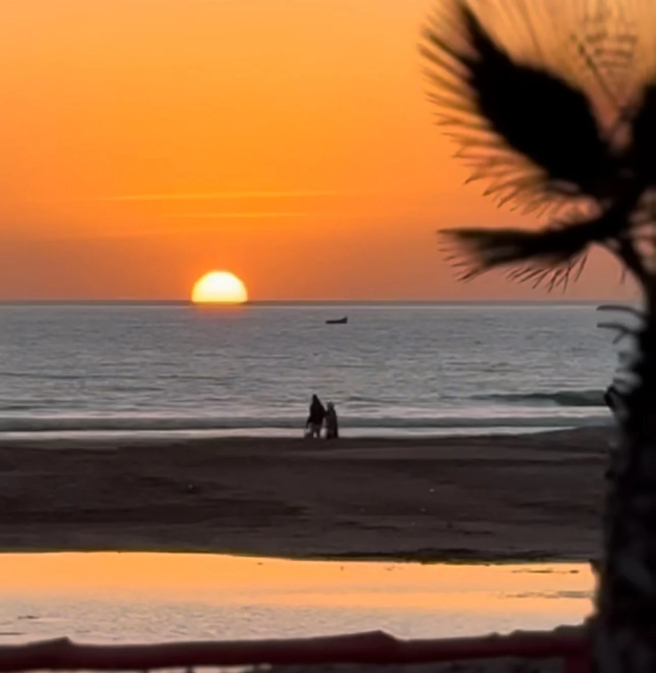 Sunset over the ocean with a boat near the horizon, two people sitting on the beach, and a palm tree silhouette in the foreground.