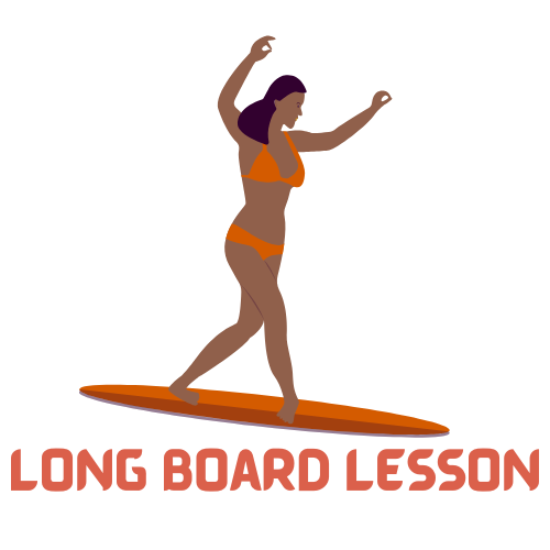 A woman in a bikini standing on a surfboard and balancing with her arms raised, with the text 'Long Board Lesson' beneath her.
