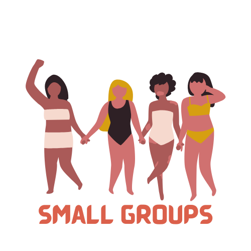 Illustration of four women in swimsuits holding hands with the text "Small Groups" below them.