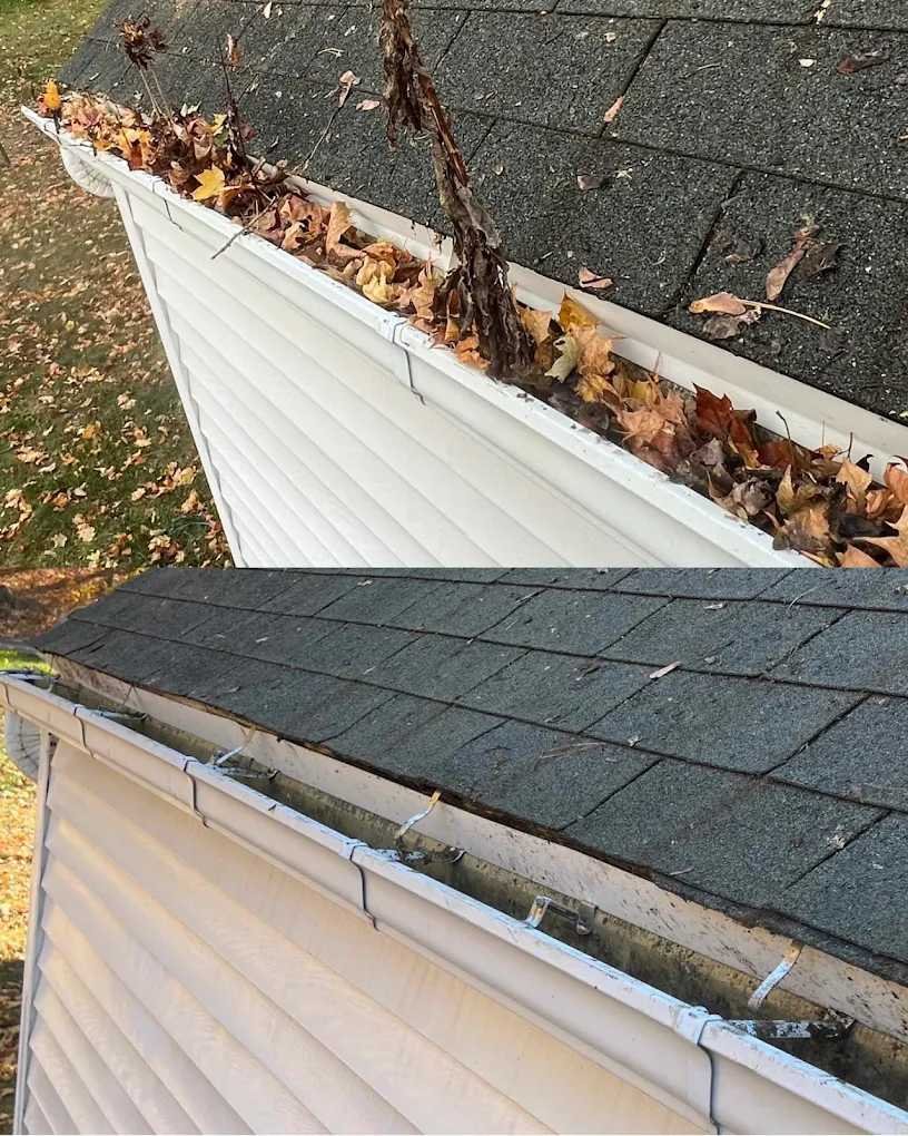 Before and after gutter cleaning service showing clogged gutters filled with leaves and debris restored for proper water drainage