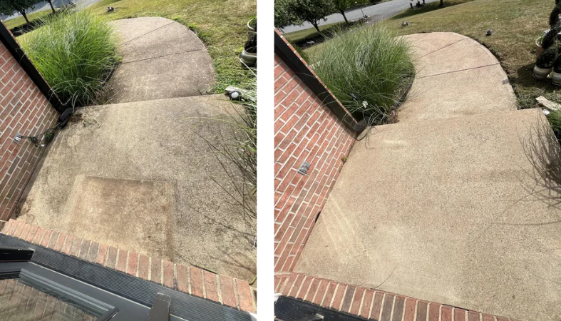 Concrete walkway before and after pressure washing