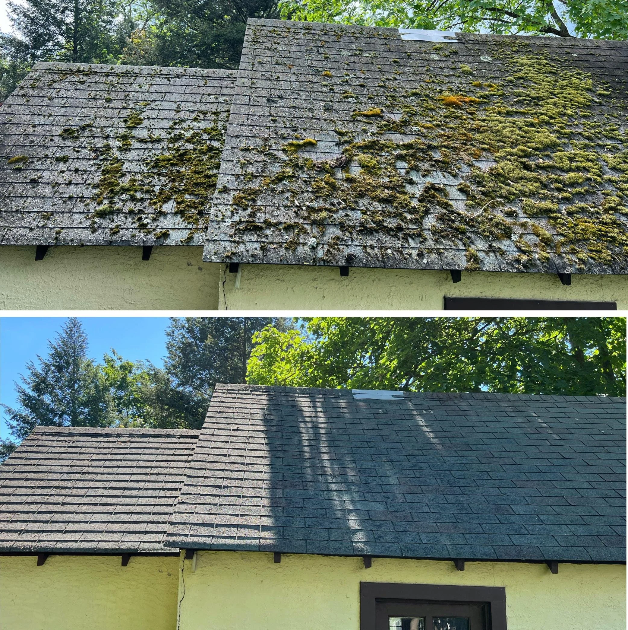 Comparison of two pictures showing the same section of a house roof before and after cleaning. The top image shows the roof covered in moss and dirt, while the bottom image shows the roof clean with new, fresh-looking shingles.