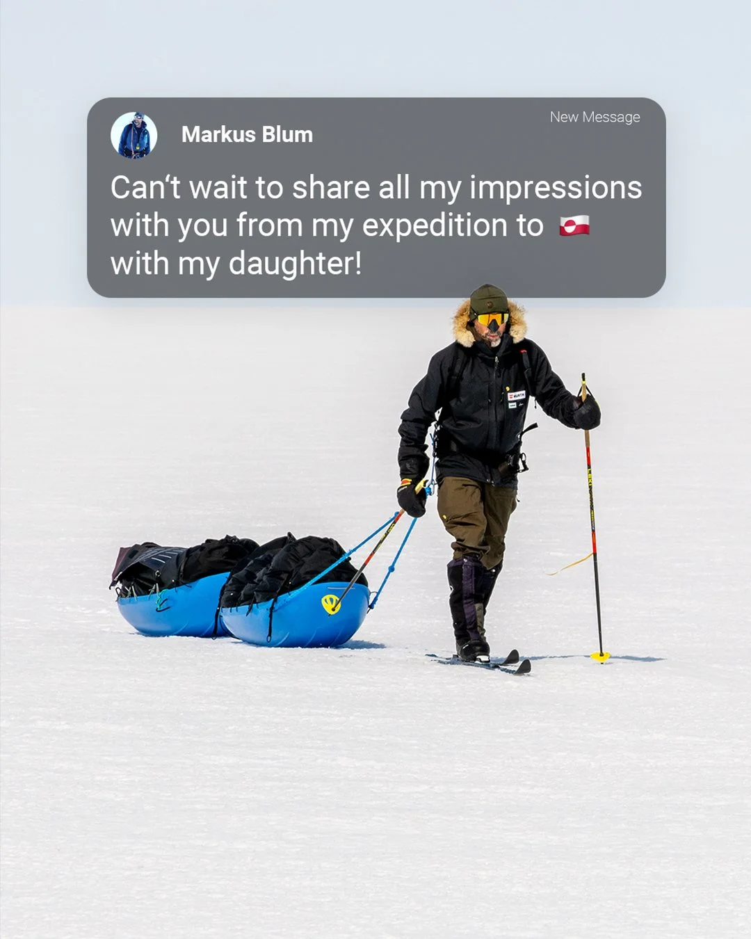 New Message from @blumundweg 👀 📫

Markus shared the first 📸 from his expedition to 🇬🇱! Together with his daughter Amira, he crossed the Greenland ice sheet in 26 days. This means 558 kilometers on three sledges with a total of 180 kilos of self-