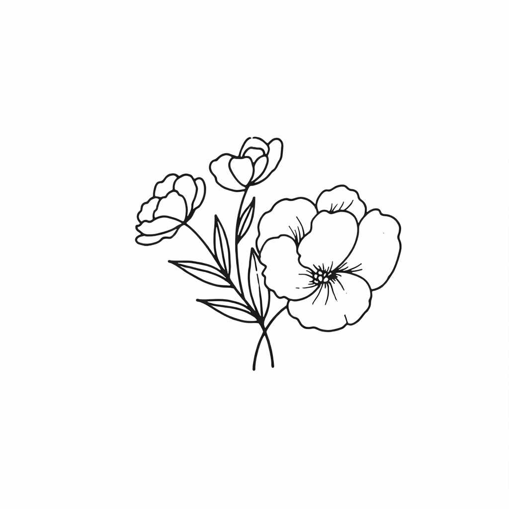 Black and white line drawing of two small buds and one large open flower with leaves.