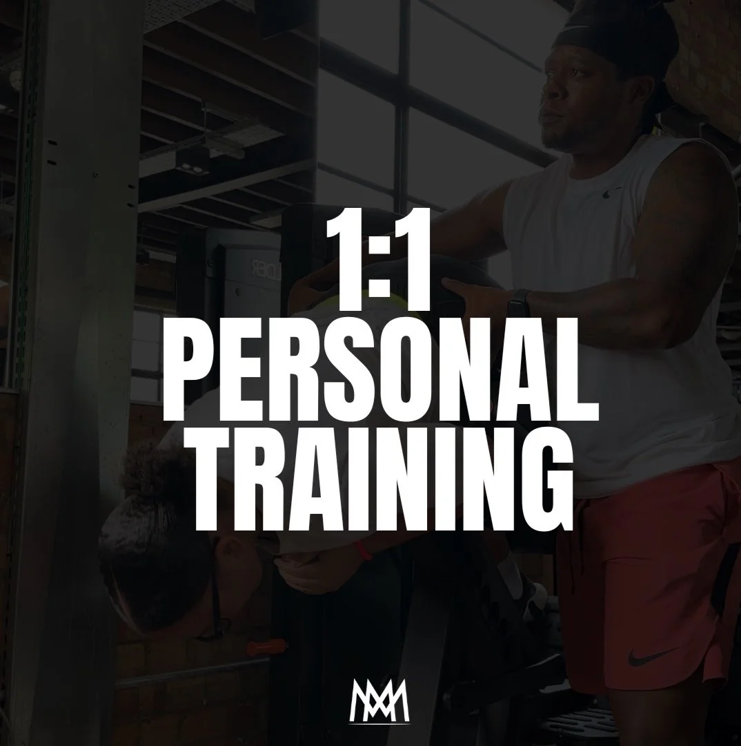 A personal trainer assisting a woman with a workout in a gym, with the text '1:1 Personal Training' overlaid.