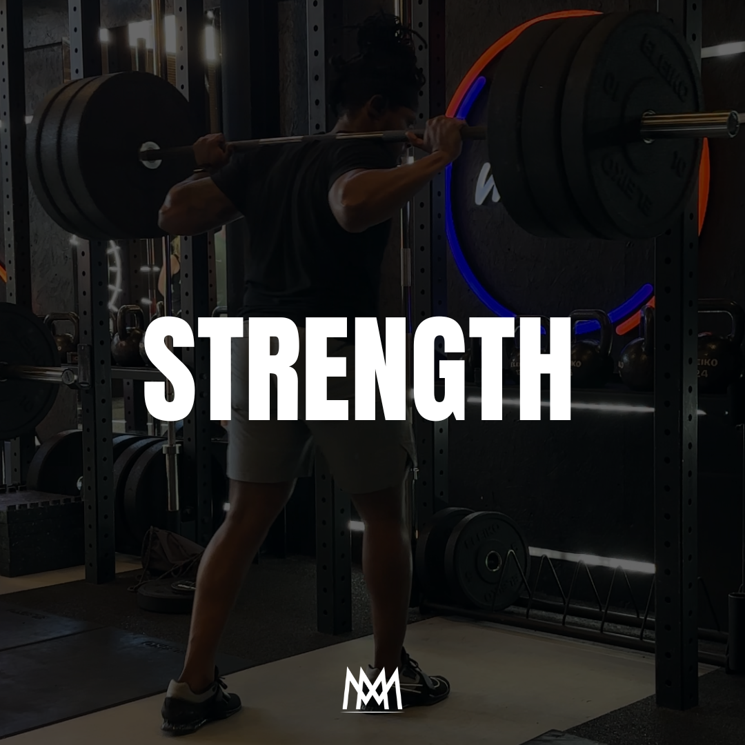 Person lifting a heavy barbell in a gym, with the word 'STRENGTH' overlaid.