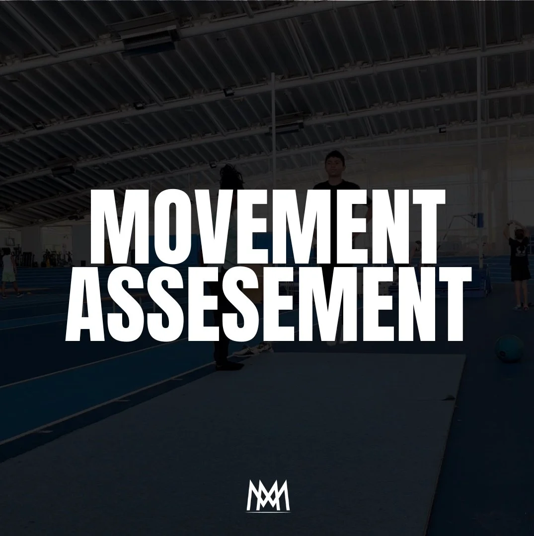 Indoor athletic facility with a group of people performing movement exercises, large bold text overlay reads 'Movement Assessment', with a logo at the bottom.
