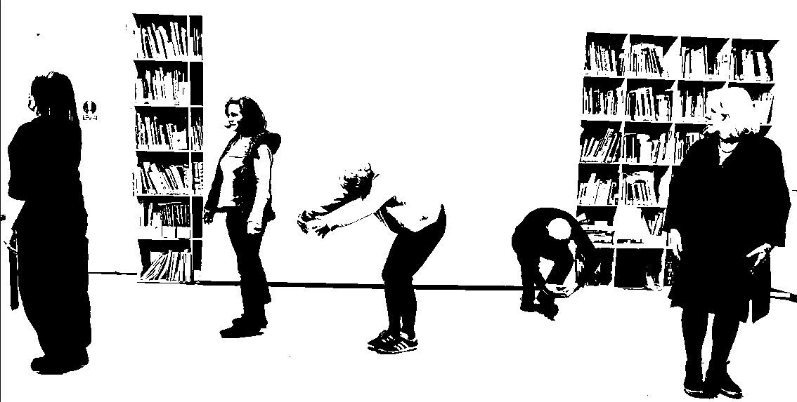 Polarised photo of 5 people standing in a line in a room lined with bookshelves. Three people are looking to the left and two bending over.)