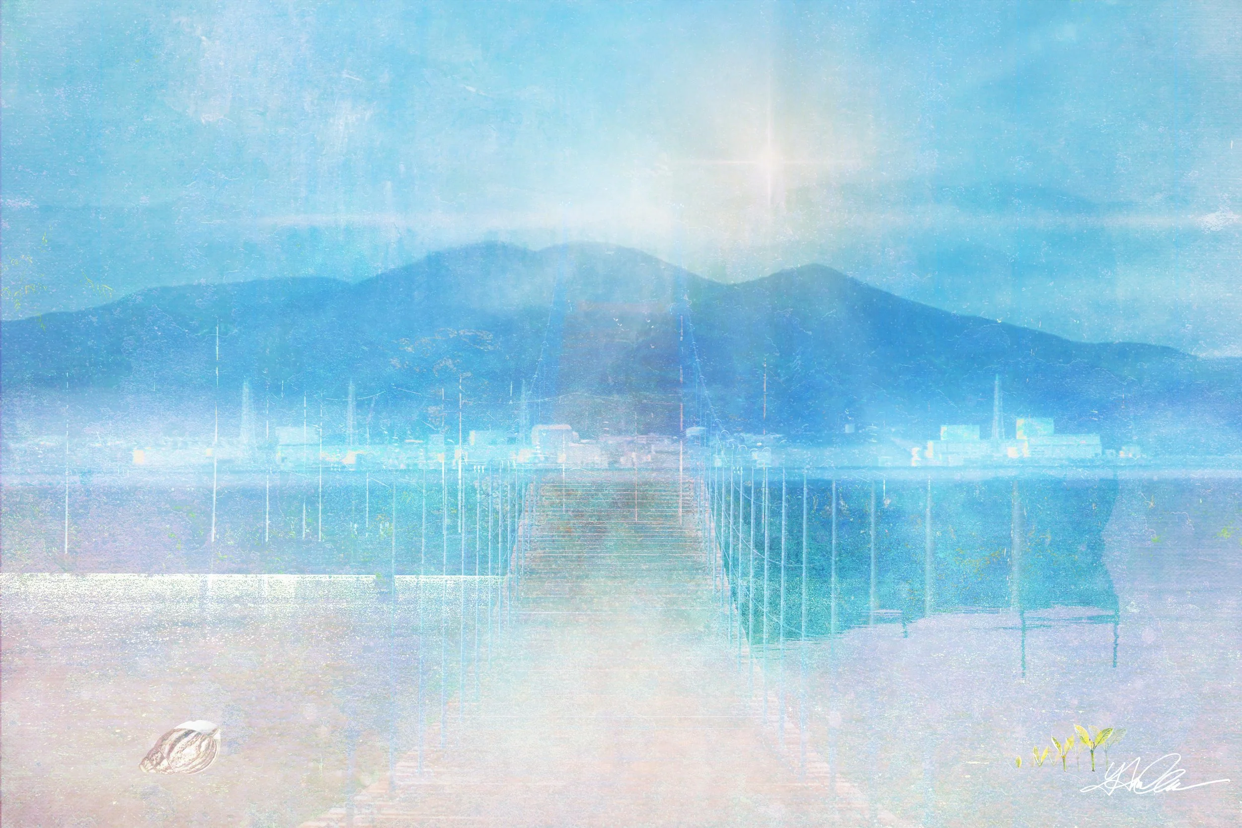 Ethereal digital artwork of a misty landscape with mountains, a bridge, a shell, and young plants in blue and pastel tones.