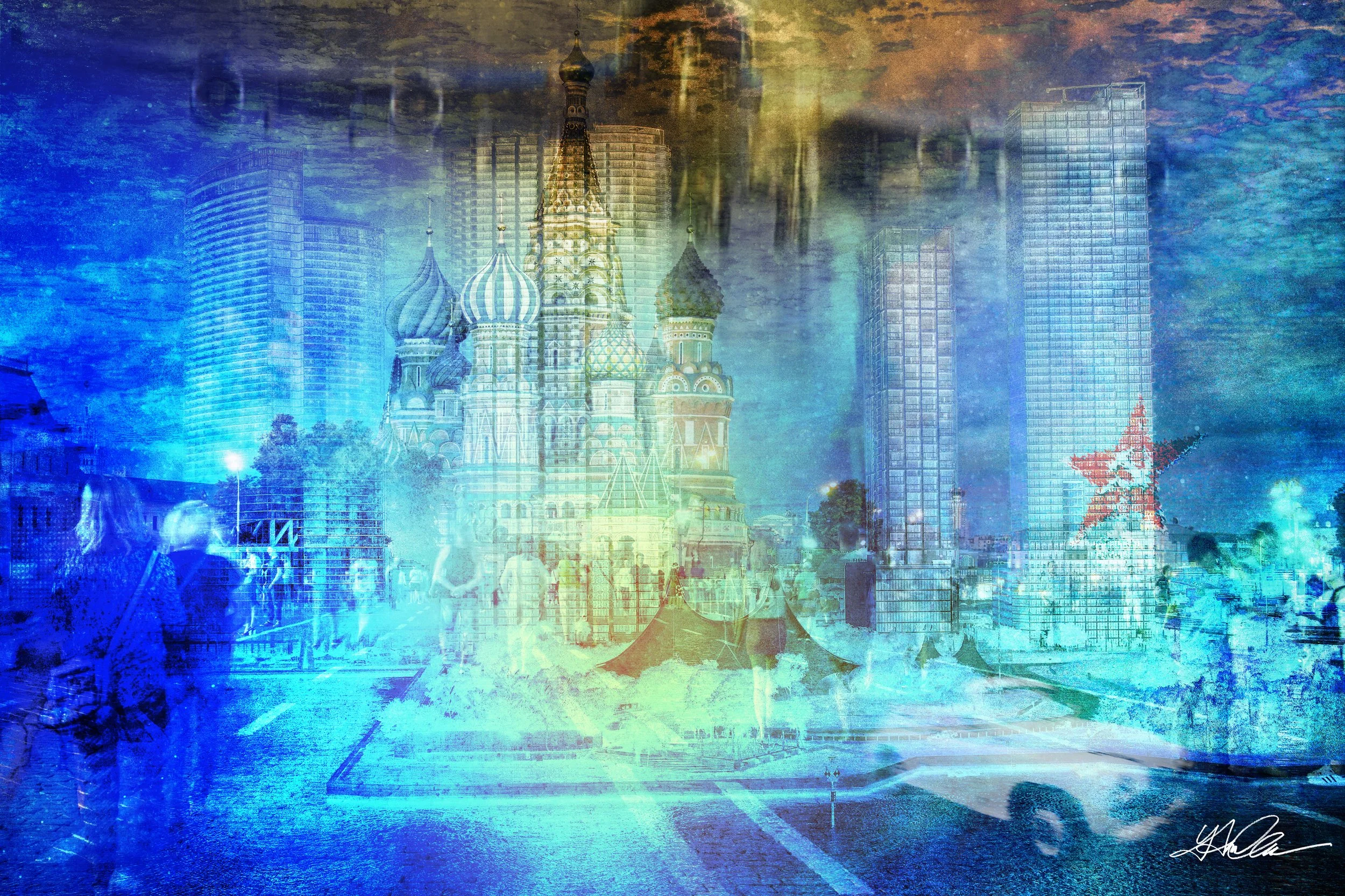 Surreal collage of St. Basil's Cathedral, skyscrapers, and people in blue tones.