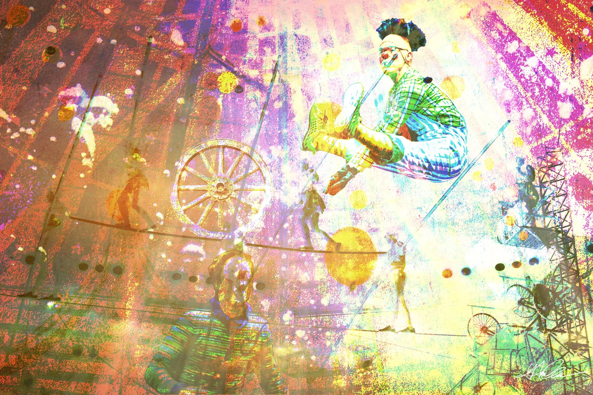 Abstract colorful collage featuring a circus scene with acrobats, tightrope walkers, and vibrant backgrounds.