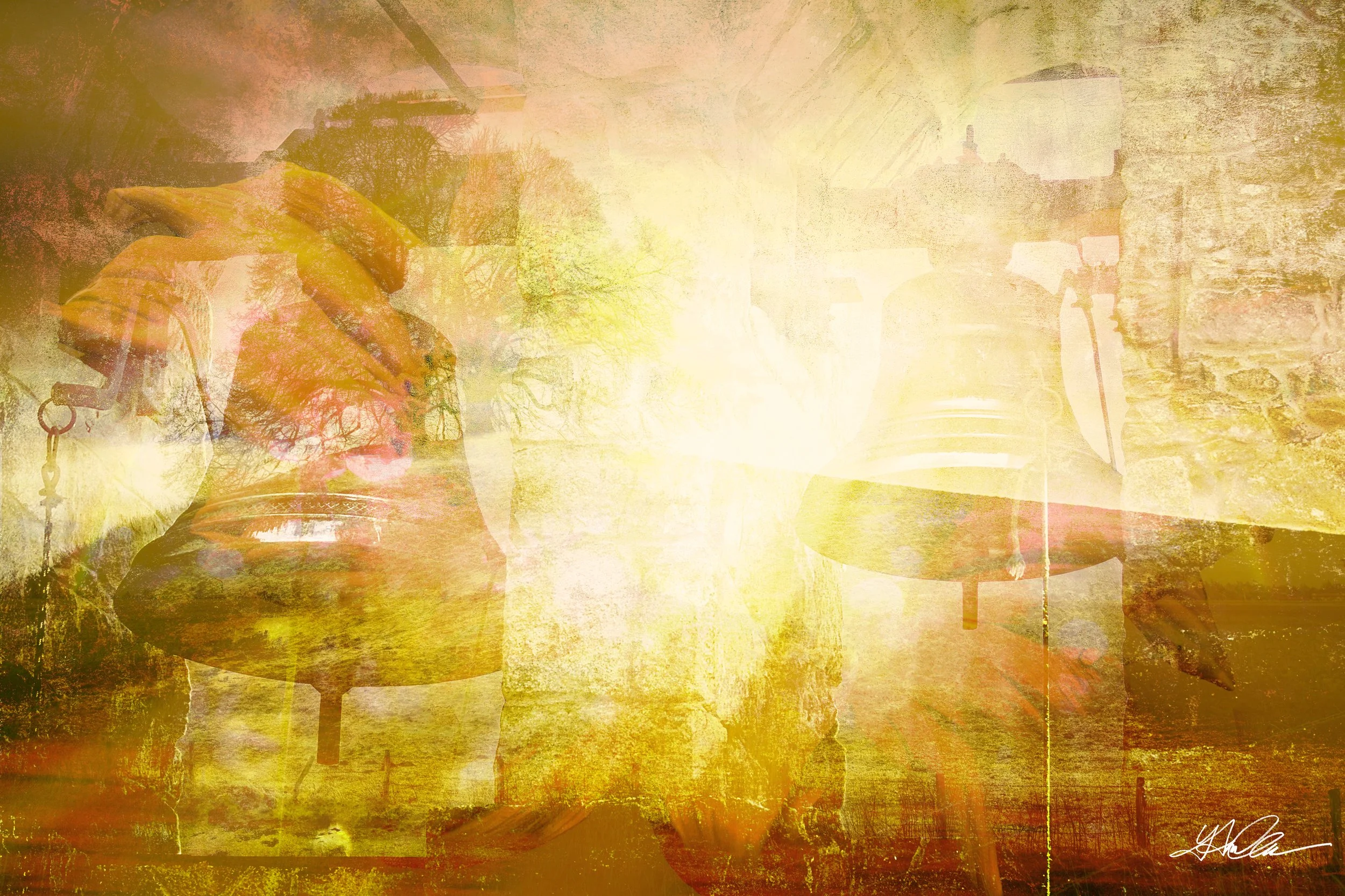 Abstract collage of bells, hands, and landscape in warm yellow tones