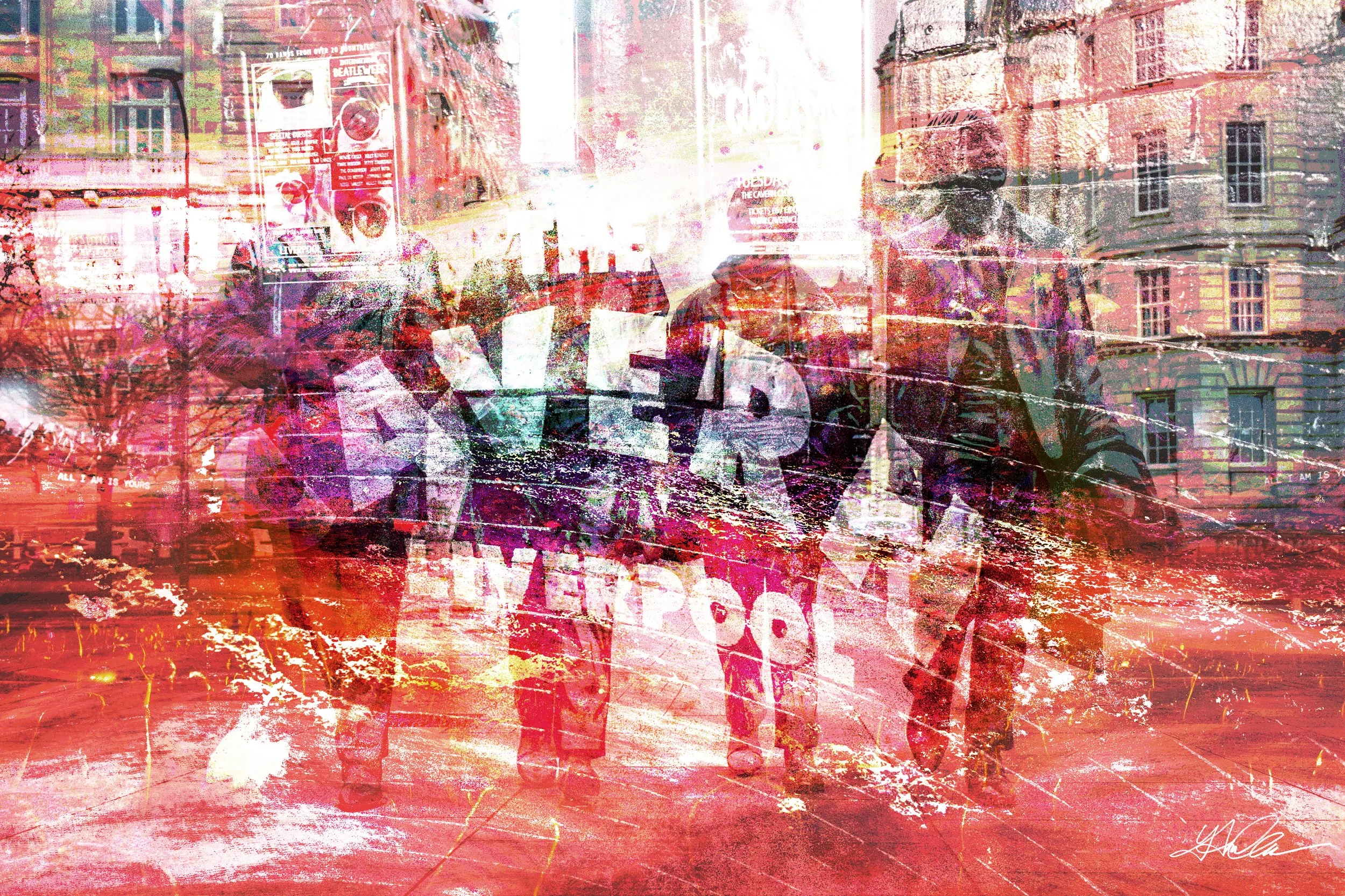 Abstract collage featuring 'Liverpool' text, overlapping buildings, statues, and colorful textures.