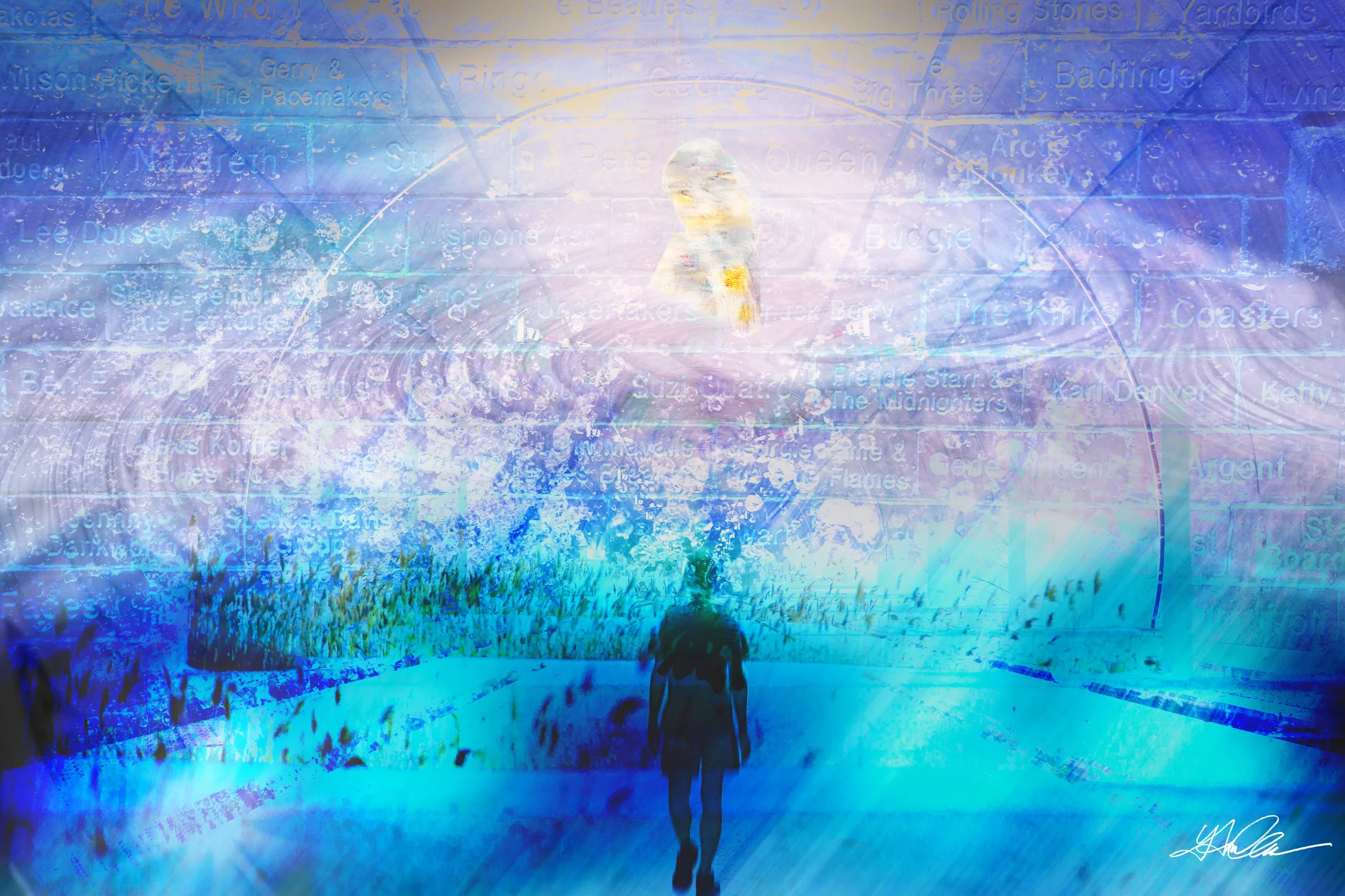 A surreal digital artwork depicting a lone figure walking towards a light source in a blue, abstract environment with layers of text and swirling patterns.