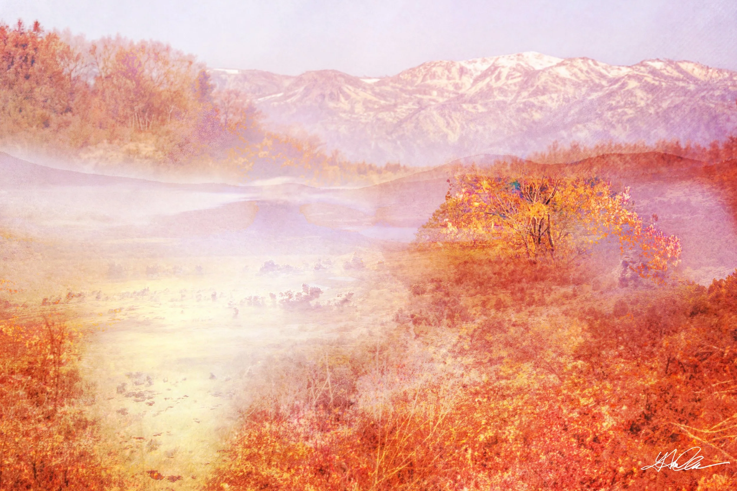 Abstract landscape with mountains and colorful autumn trees.