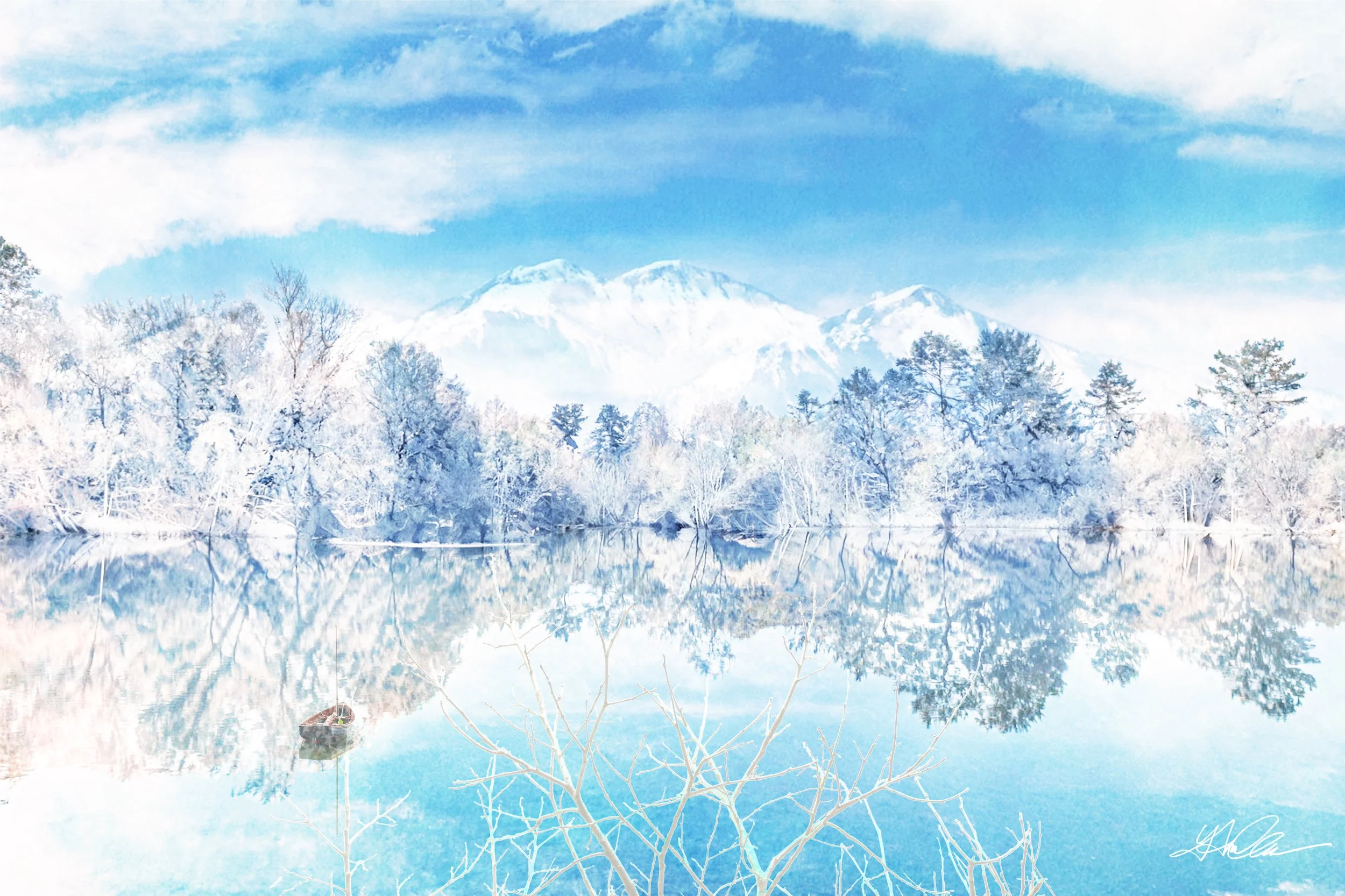 Winter landscape with snow-covered trees and mountains reflecting in a calm lake under a blue sky.