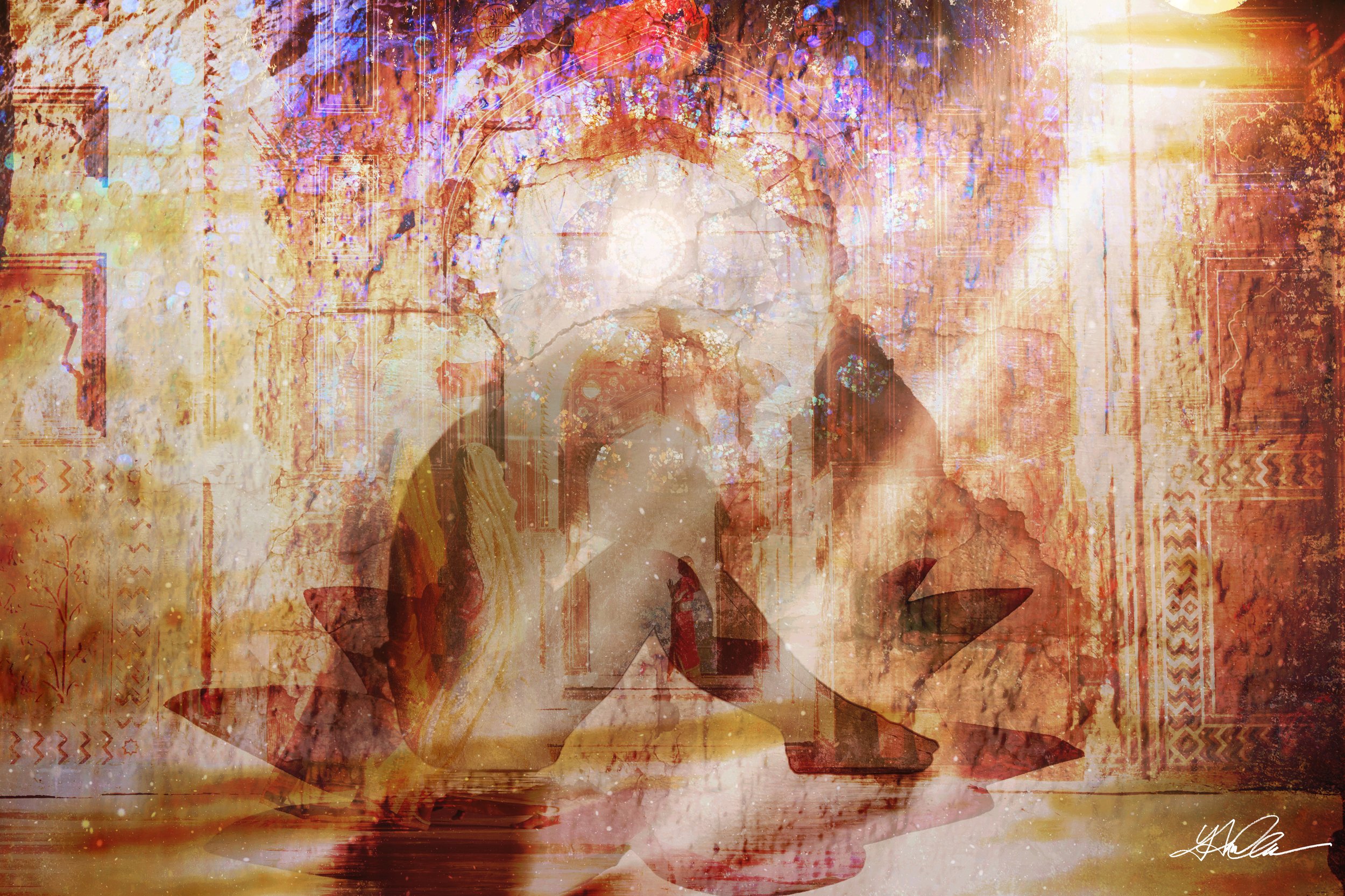 Abstract artwork with layered textural patterns, warm earthy tones, and hints of light and shadow creating a mystical atmosphere.