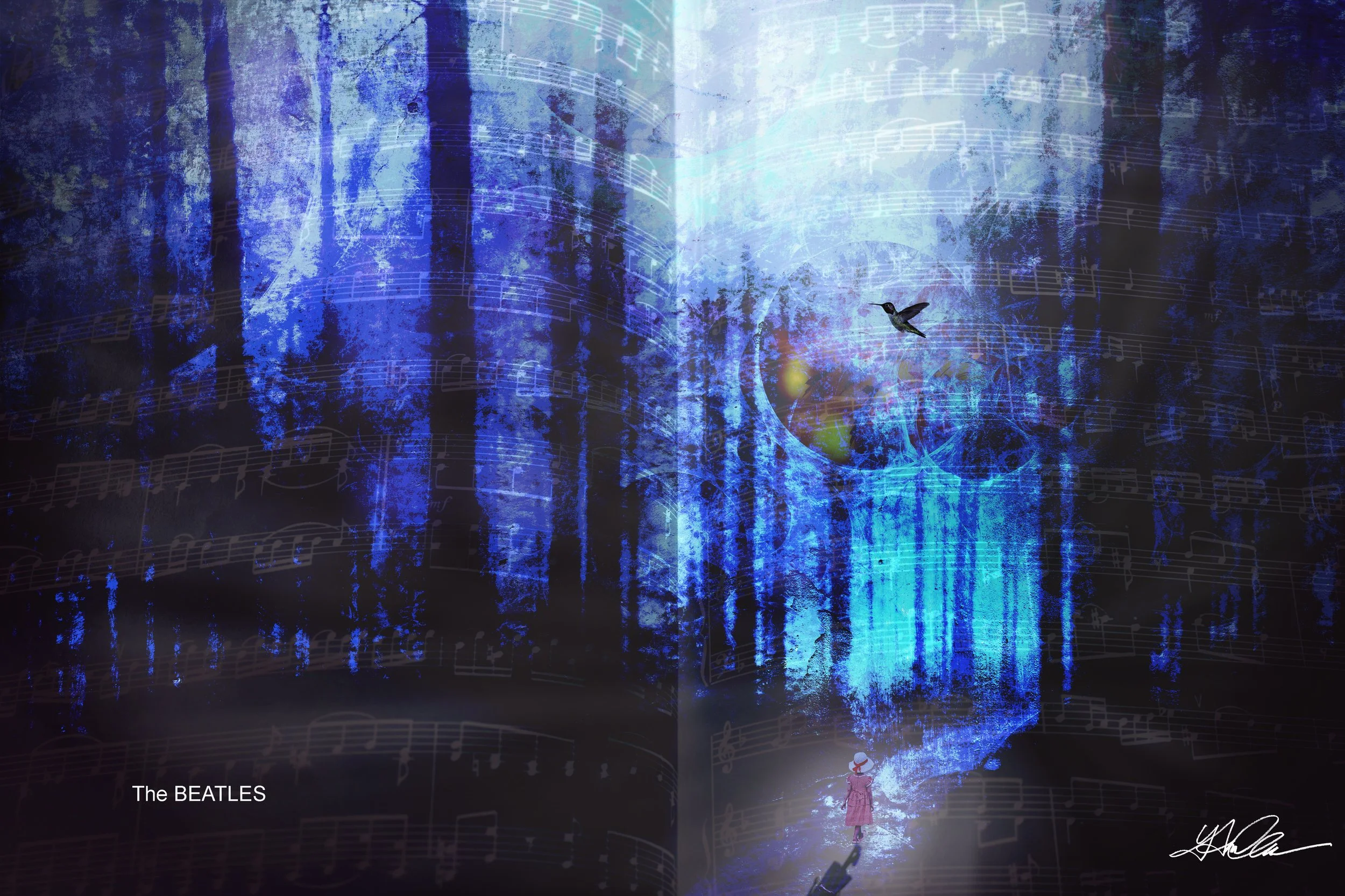Surreal forest scene with musical notes overlay and a child looking at a bird
