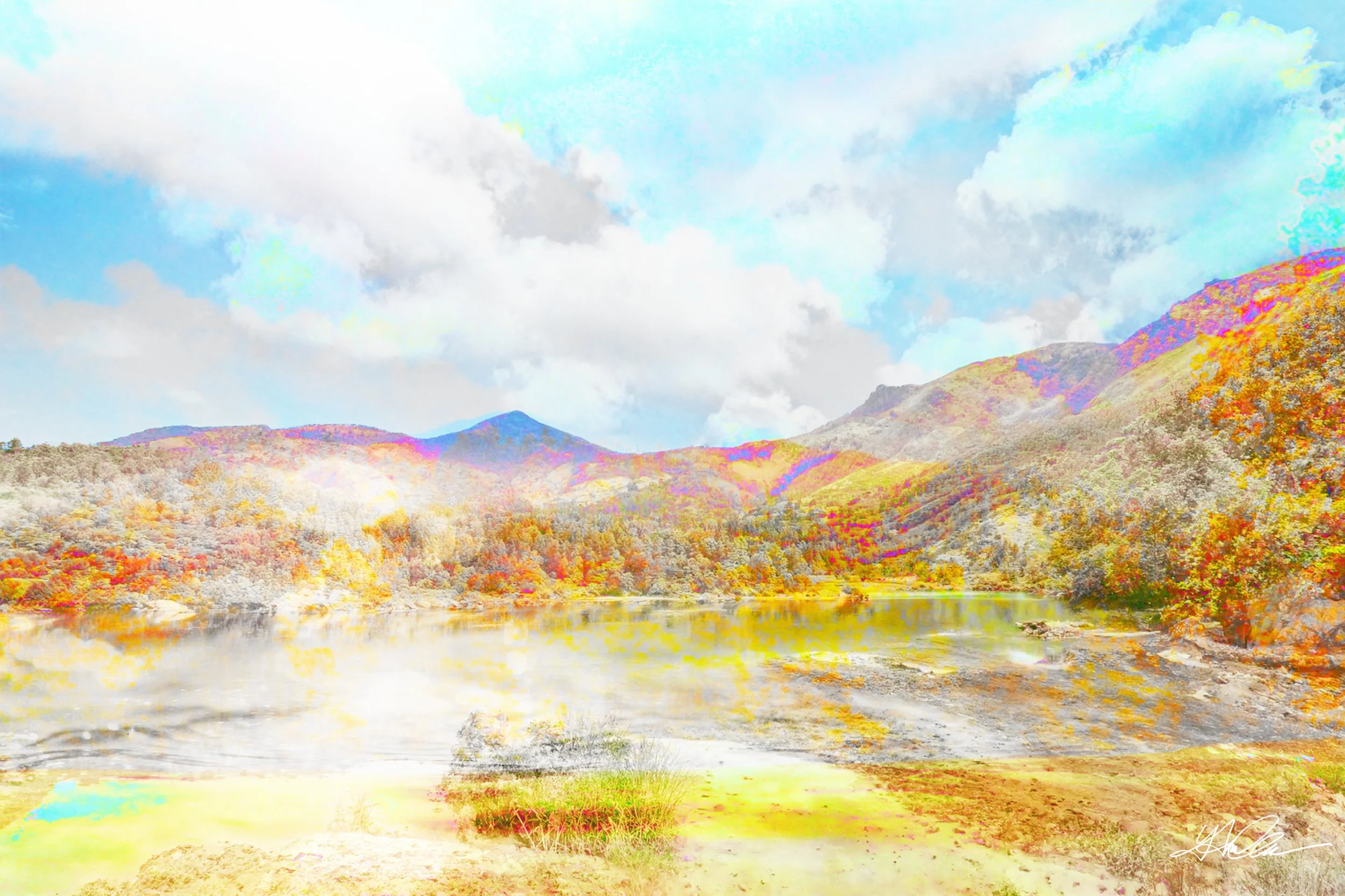 Vibrant digital painting of a colorful landscape with mountains, trees, and a lake under a bright blue sky with clouds.