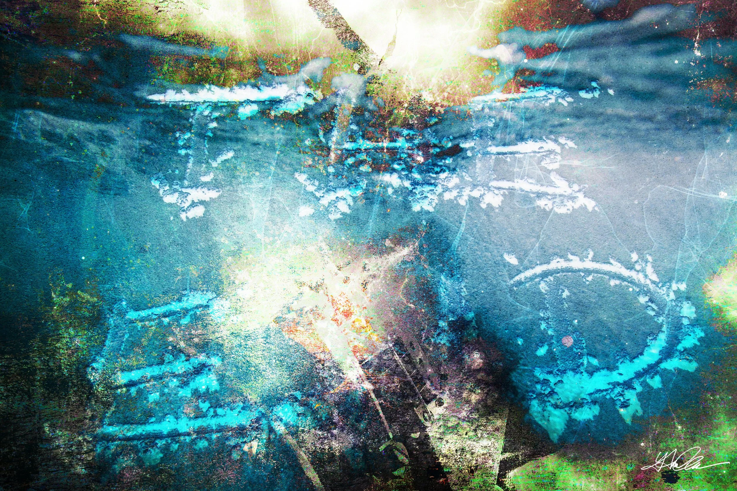 Abstract painting with blue and green hues, featuring textured patterns and brush strokes with light highlights.