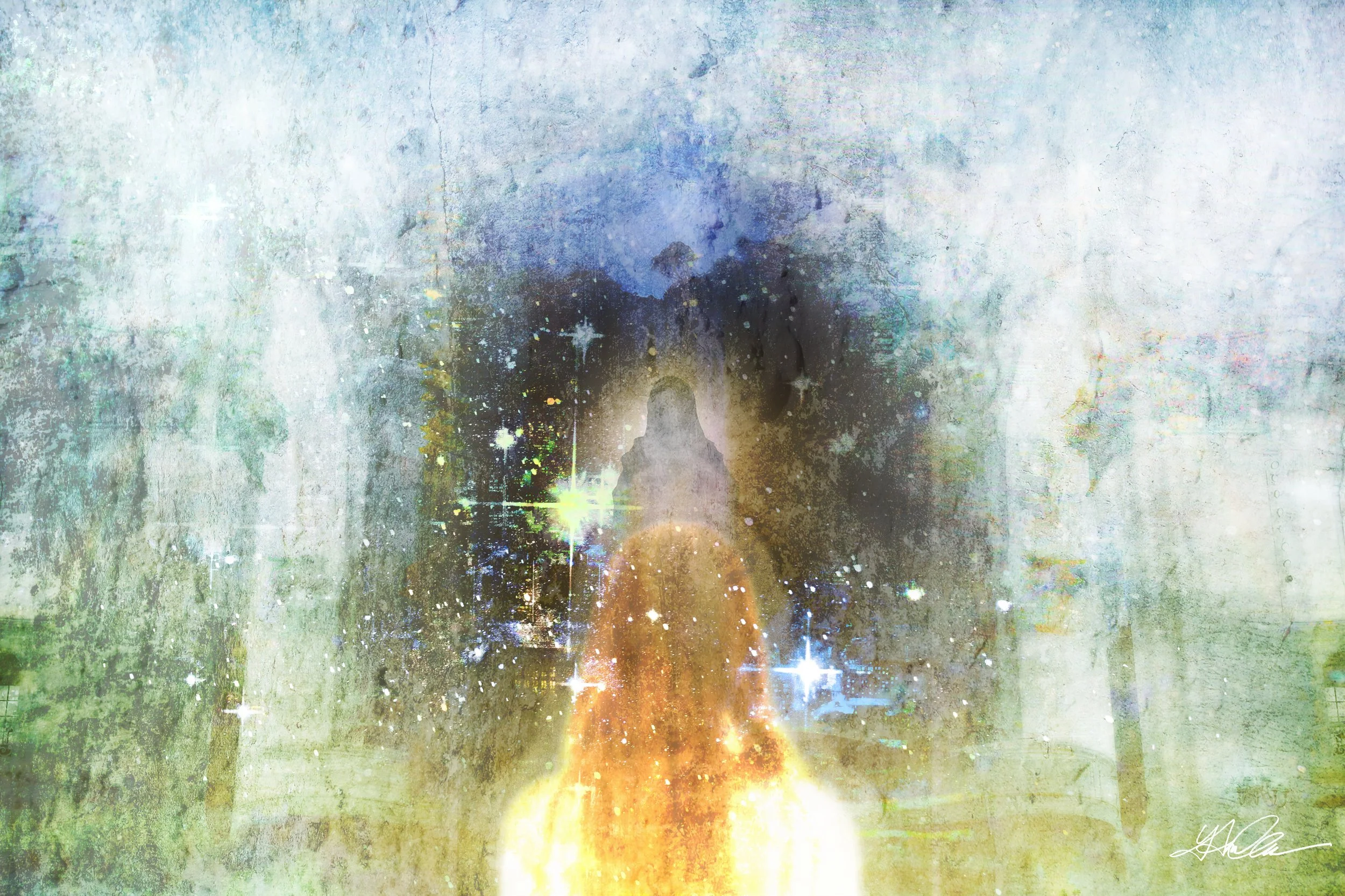 Abstract artwork featuring a mystical figure with long hair, surrounded by stars and cosmic elements, against a textured, ethereal background.