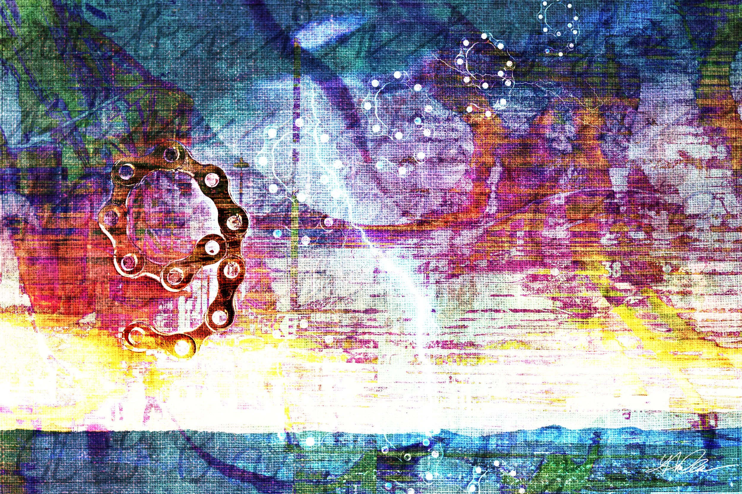 Abstract digital artwork featuring vivid colors, a bicycle chain, and circular patterns.